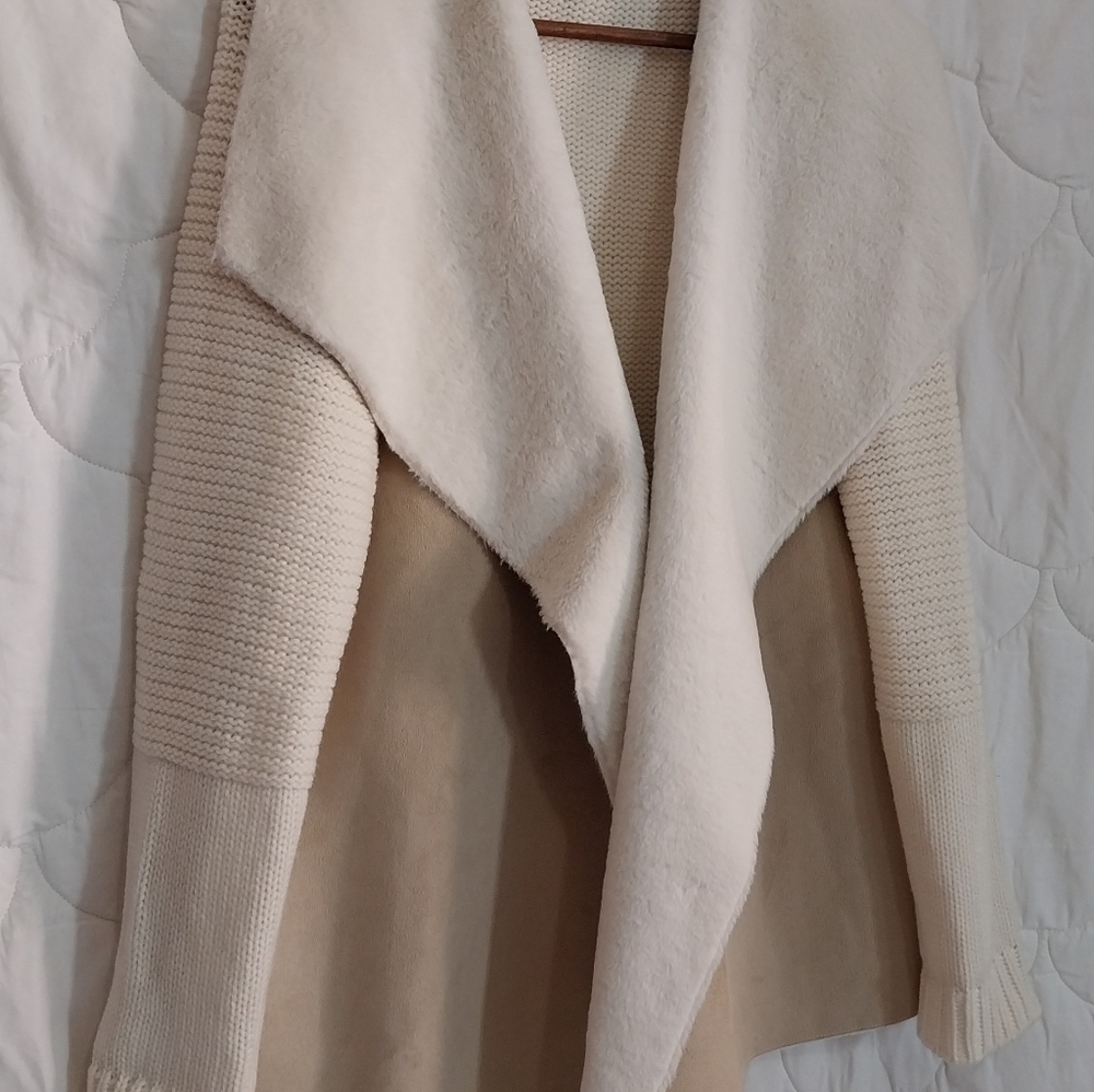 Fever Women's XL Cascade Collar Beige/Tan Knit Faux Suede & Sherpa Knit Jacket - Picture 11 of 13